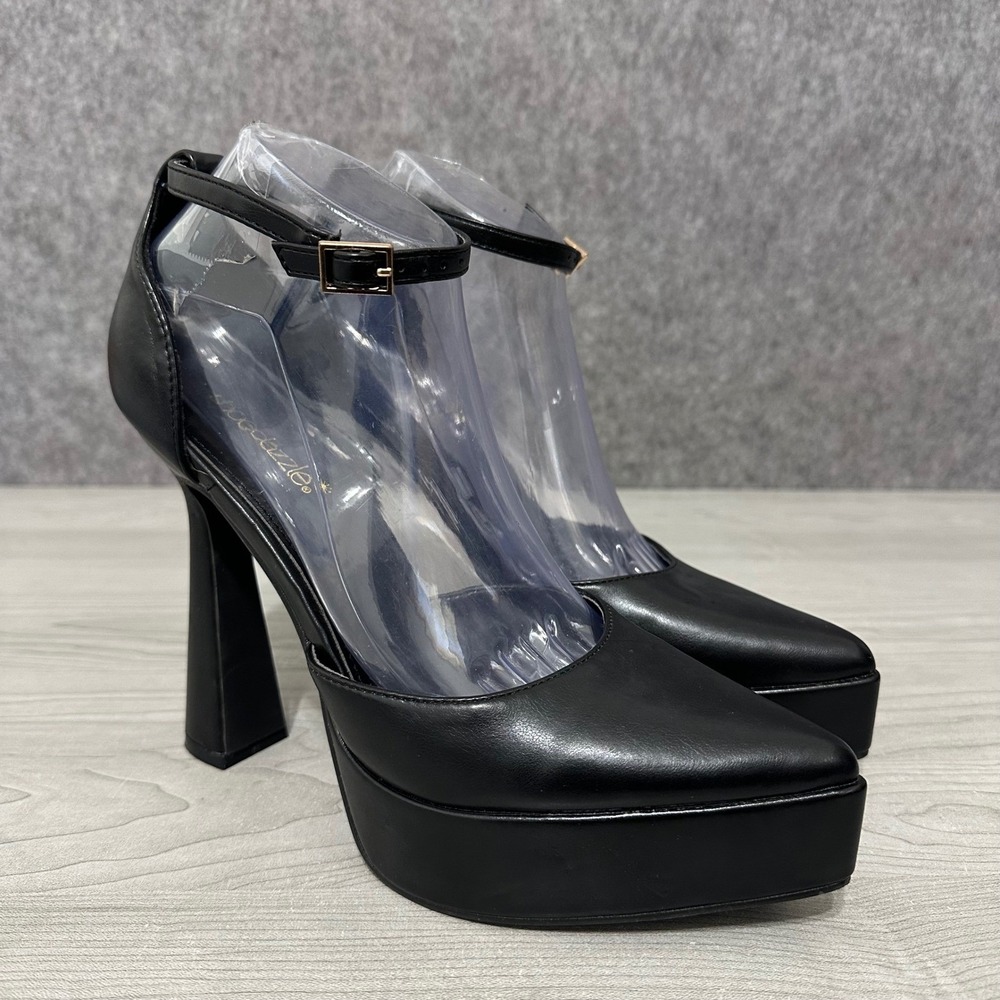 ShoeDazzle Sydney Sz 8 Black Faux Leather Platform Pointed Toe Strap Heels
